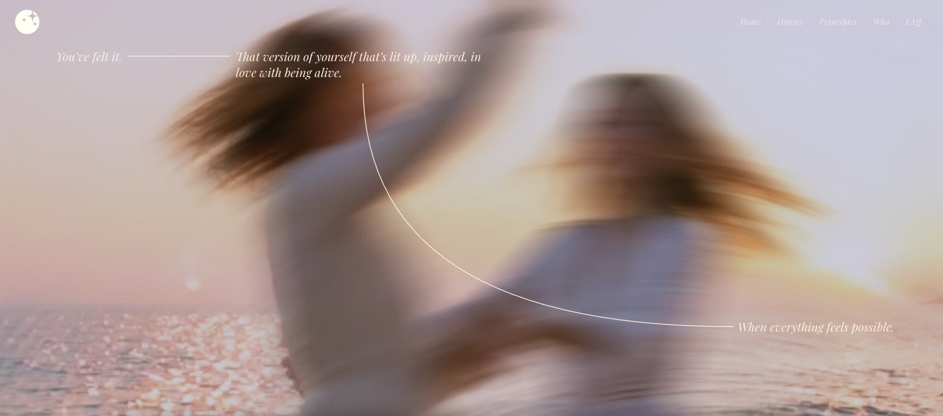 Dream House website — hero section showing a dreamy sunset photograph with curved overlay text.